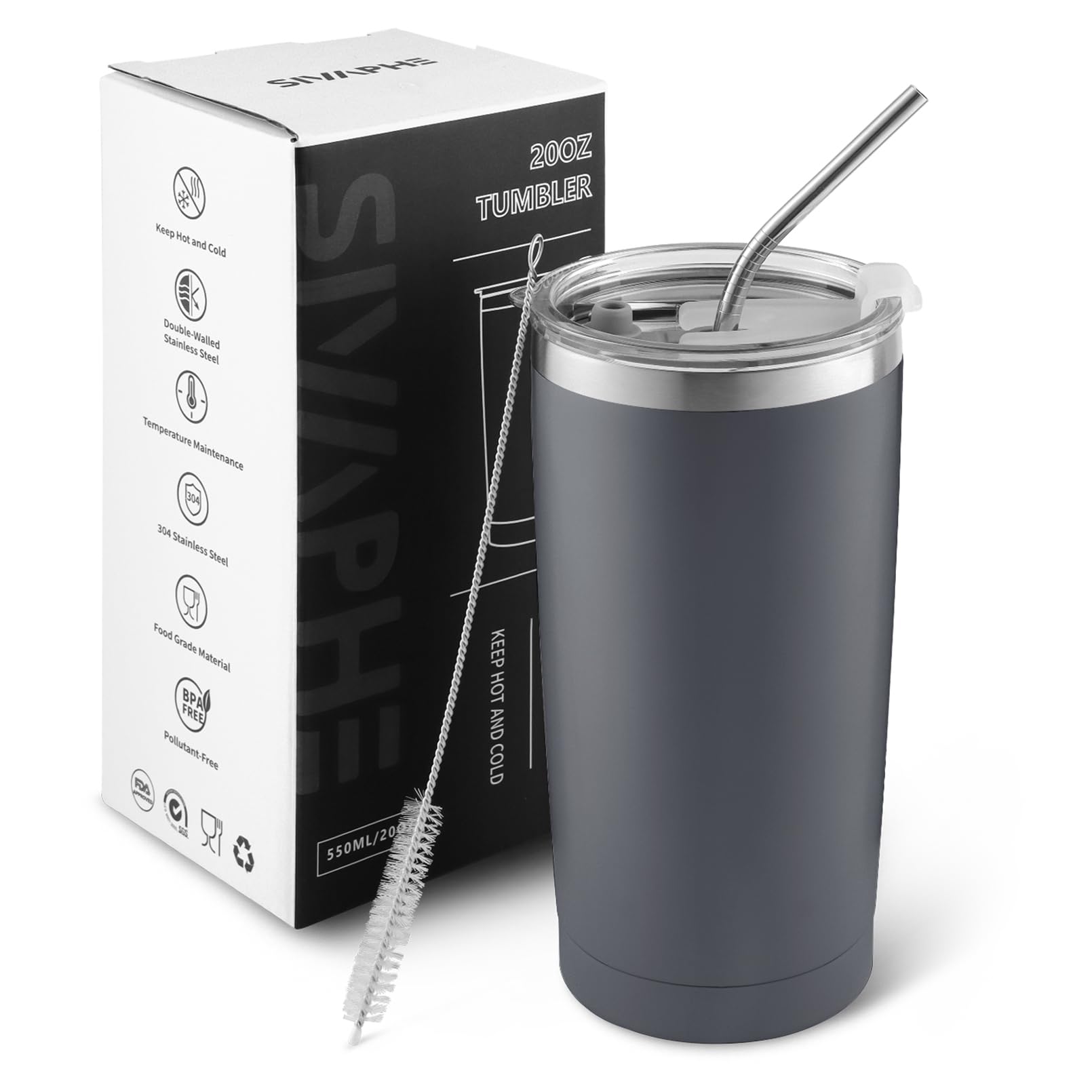 Sivaphe Tumbler Stainless Steel with Straw and Lid, Travel Mug, Reusable Coffee Cup, Men Gifts, Double Wall Insulated Vacuum 20OZ Grey