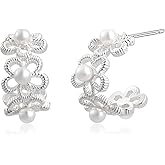 Flower Shaped Hoop Earrings for Women 925 Sterling Silver Half Hoop Earrings with Tiny Pearl Open Hoops for Wedding Bridesmaid or Daily