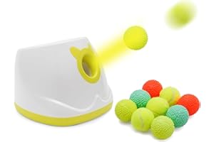 LAKAYA Automatic Ball Launcher, 4 Launch Distance Modes, 2-inch Small Balls Included, Suitable for Small to Medium Sized Dogs (White Launcher with 9 Balls)