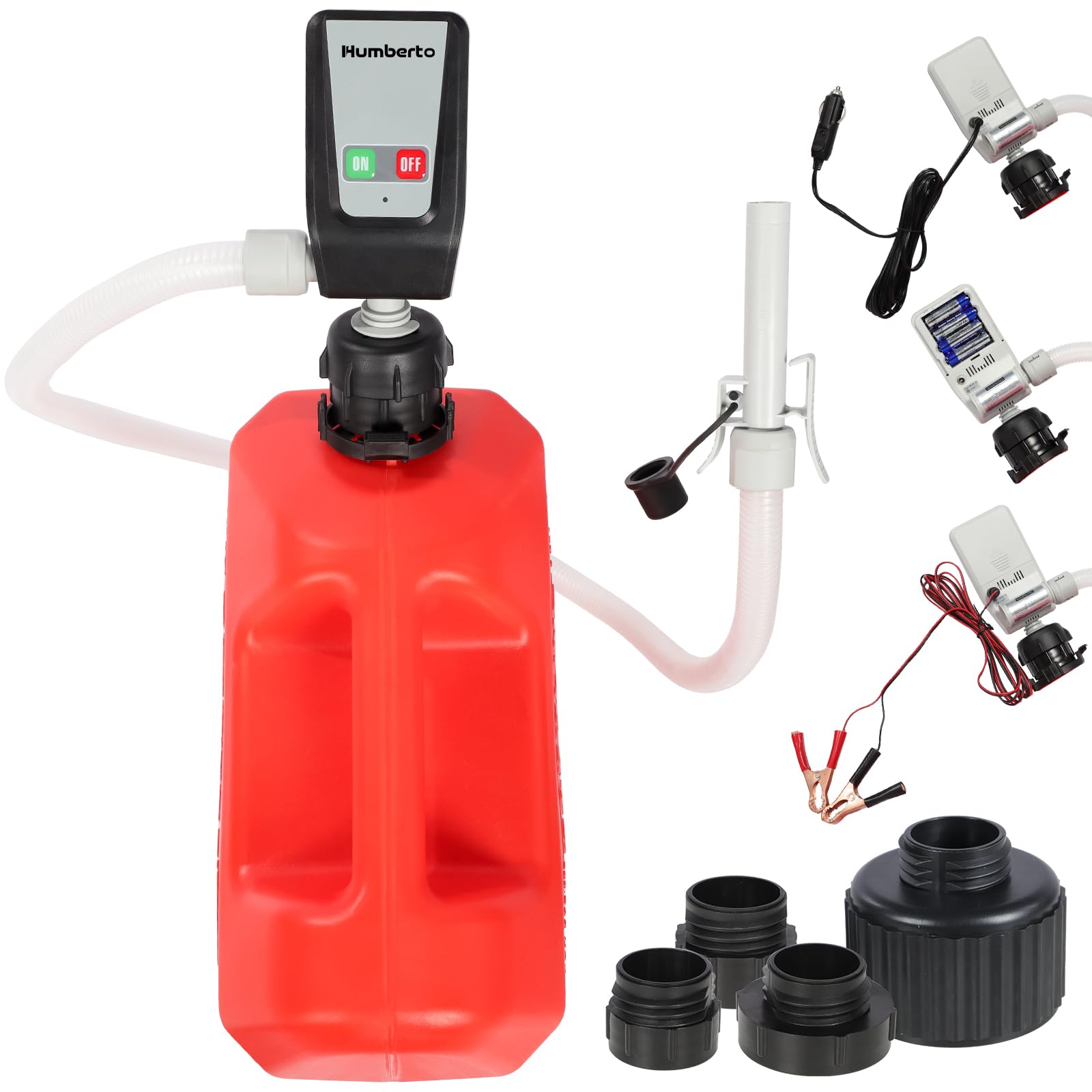 Photo 1 of Humberto Fuel Transfer Pump, Auto-Stop Gas Transfer Pump, 3.2GPM, AA Battery/12V DC 3 Power Modes, 4 Adapters for Most Gas Cans, Extra Long Hose, Portable Gas Pump for Gasoline, Diesel, Oil, etc.