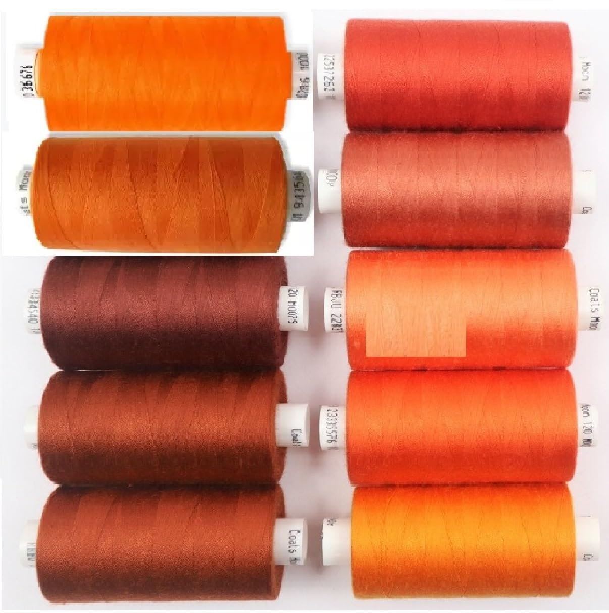 Assorted Sewing Thread Box of 10 reels -10 x Moon Polyester Reels Thread Sewing Over Locking 1000 Yards 120’s (Assorted Orange)