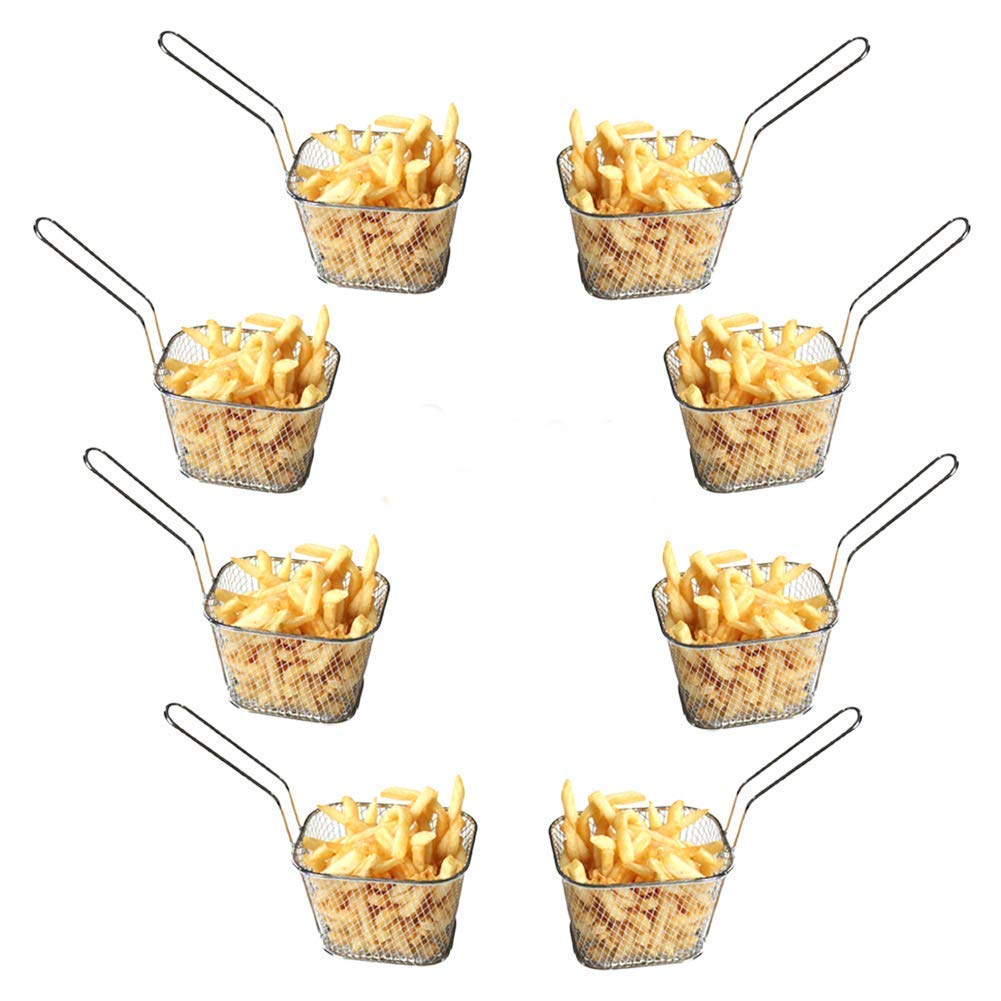 Baskets for Chips, 8pcs Stainless Steel Mini Serving Food Presentation Basket Strainer with Handle for Chips, Onion Rings,Chicken Wings, Silver