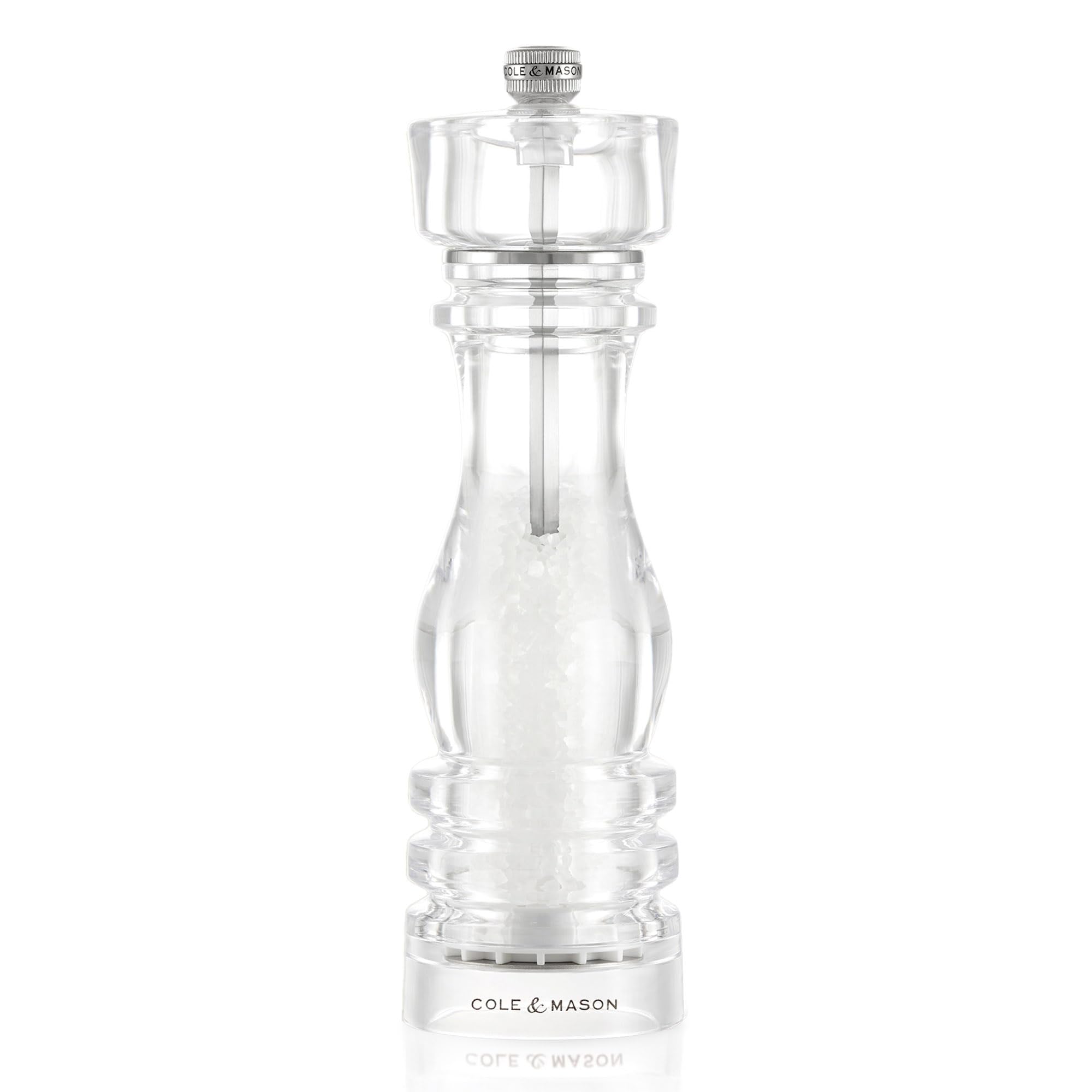 Cole & Mason London Acrylic Salt Mill, 22cm Salt Grinder with Adjustable Grind, Non Corroding Ceramic Mechanism, Seasoning Mill, Lifetime Mechanism Guarantee