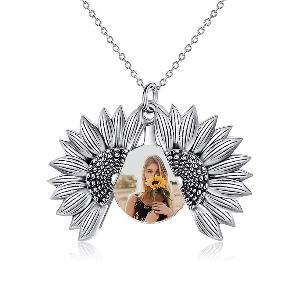Sunflower Photo Locket Necklace for Women You are My Sunshine Engraved Pendant 925 Sterling Silver Necklace(White Gold Plated)