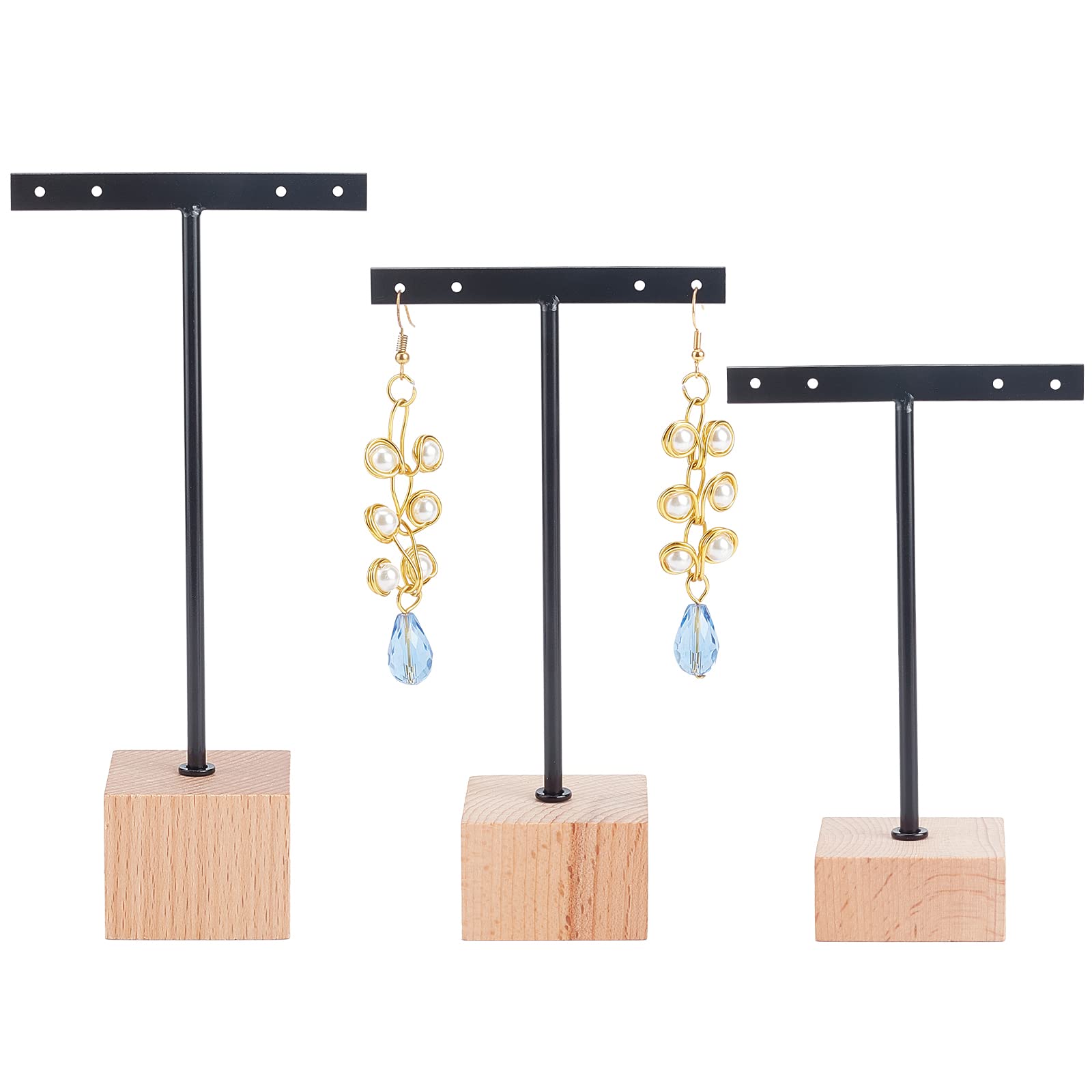 FINGERINSPIRE 3 Pcs Black Metal T Bar Earring Display Stand with Wooden Square Base 4 Holes Earrings T Stand Hanging Earring Organizer for Store Retail Photography Props（12 & 14 & 16 cm Height）