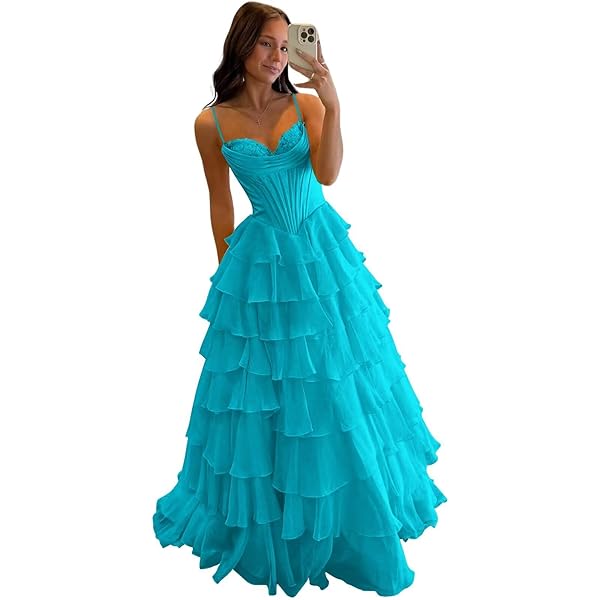 Amazon.com: Aqua Blue Applique Chiffon Prom Dress for Women Tiered Long  Homecoming Dresses for Teens Strapless A Line Prom Dresses Party Gowns :  Clothing, Shoes & Jewelry