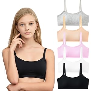 5-Pack of Girls' Pure Cotton Sports Bras Breathable & Cool & Skin-Friendly