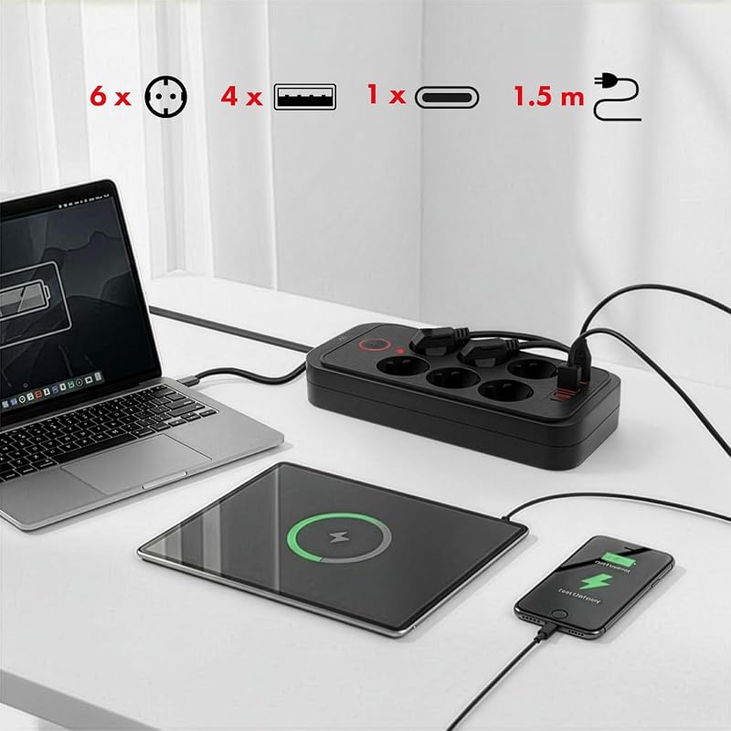 Régua de Energia MCE389/391 | 6 x 4xConectores USB 1xUSB-C 2500W | Cabo de Extensão de Secretária com Interruptor | Portas de 45° | Montagem de Parede (Preto, 1,5 m)