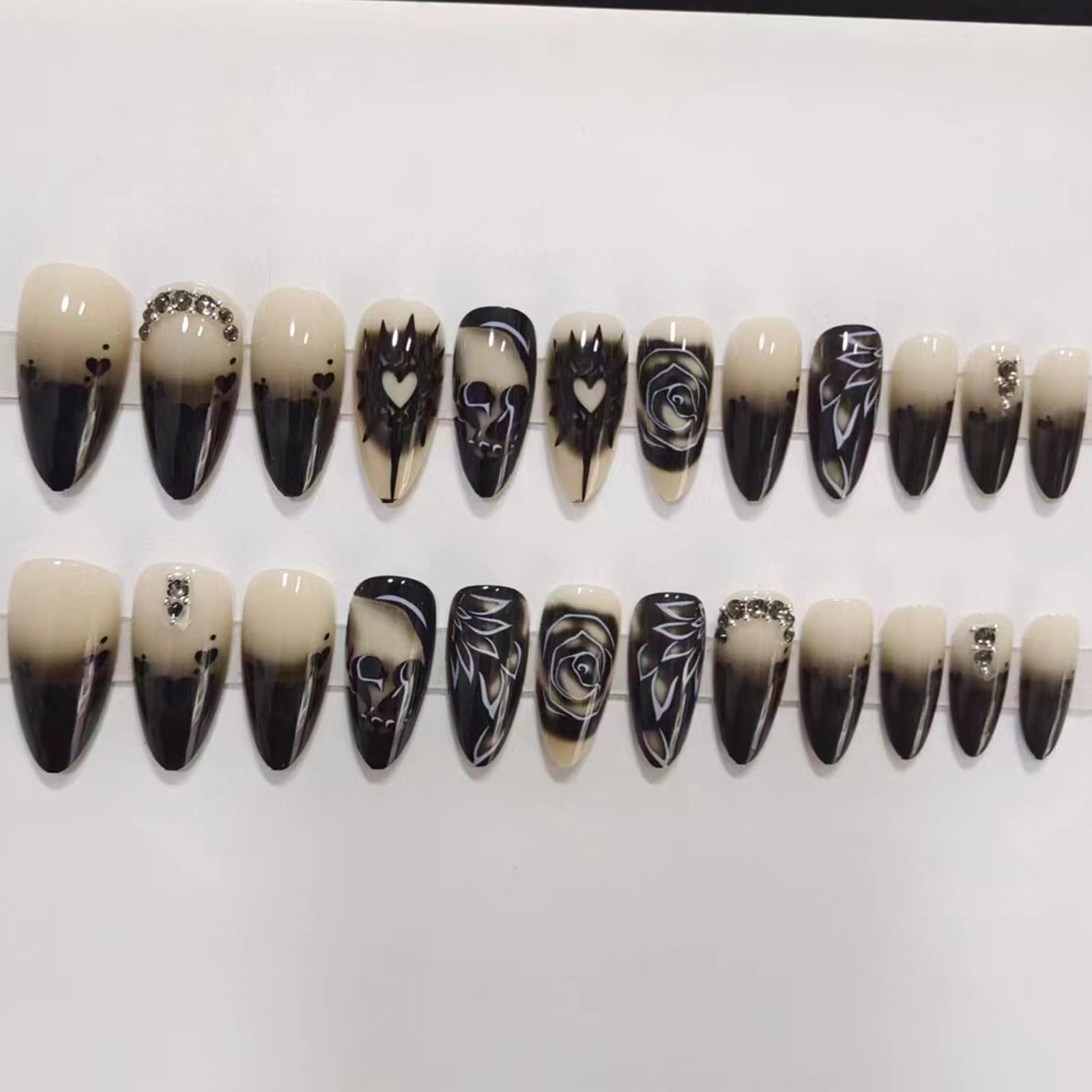 Halloween Press on Nails Long Almond Fake Nails Goth Skull Black Rose False Nails with Design Rhinestone Acrylic Glue on Nails Glossy Full Cover Stiletto Artificial Stick on Nails for Women Manicure - Image 3