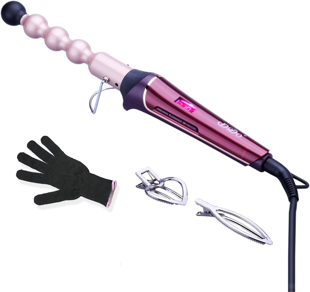 Curling Iron Wand, Tourmaline Ceramic Bead Bubble Hair Curling Iron Wand with LCD Temperature Display,1 inch, with heat resistant glove and 2 Hair Clips