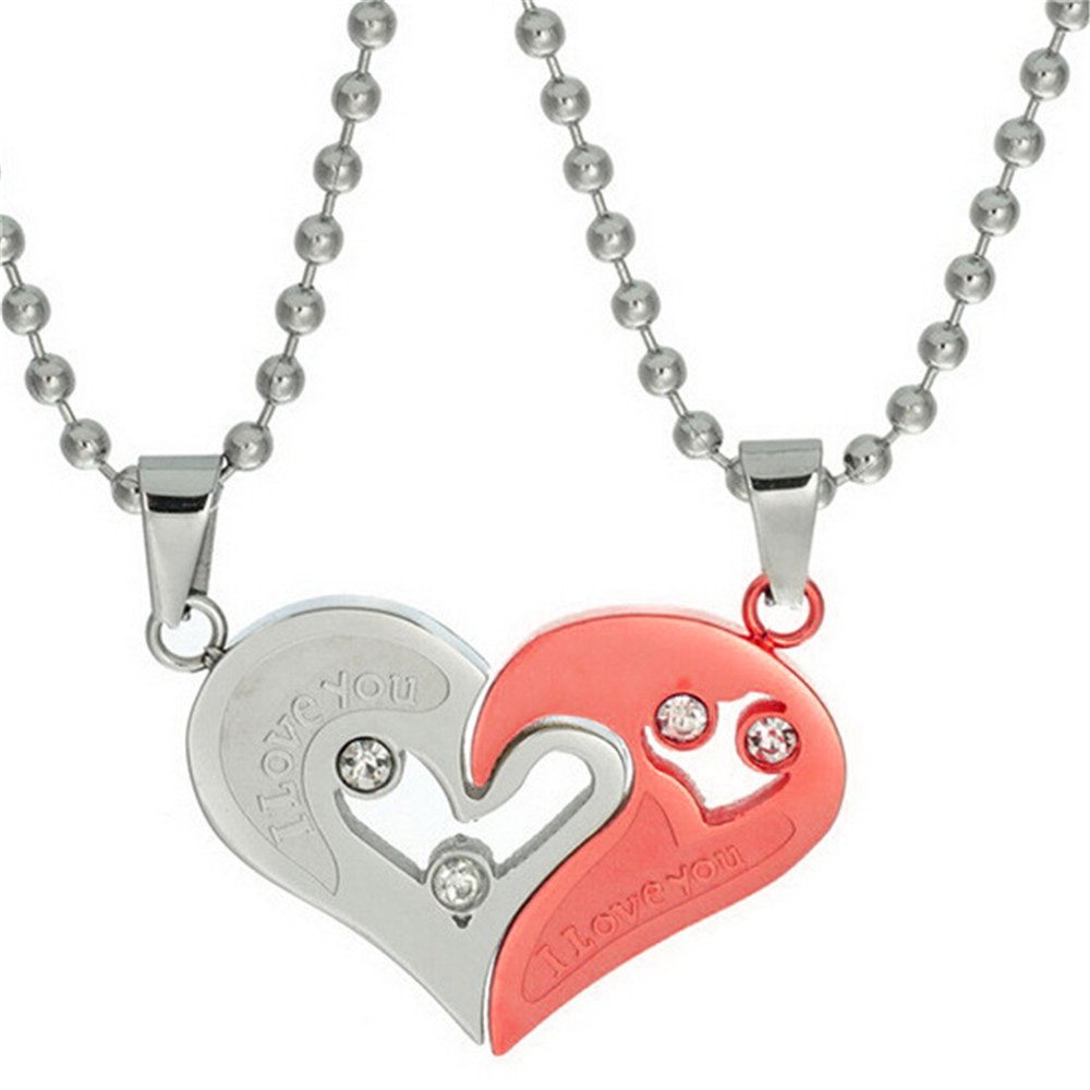 Uloveido 2pcs His and Hers Stainless Steel Half Heart Necklace Puzzle Matching I Love You Pendants Necklace,Valentine's Gifts (Red) โ image 1