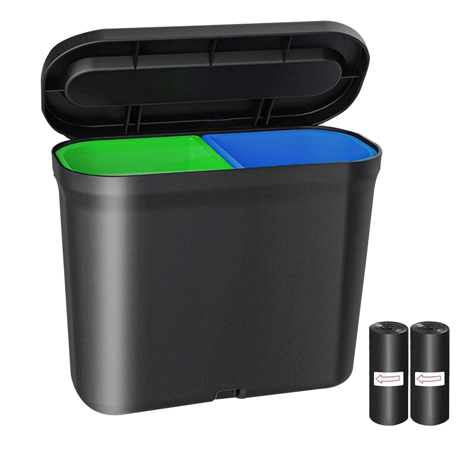 Photo 1 of MargGona Car Trash Can with Wet/Dry Separation – Mini Car Garbage Bin, Dual Removable Waterproof Bins for Cars, Trucks, SUVs – Green & Blue Auto Trash Can Leakproof Organizer (1 Set)