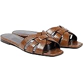 THESHY Women's Flat Sandals Square Toe Patent Leather Comfortable Slip on Slippers Casual Summer Dressy Beach Slide Sandals for Women