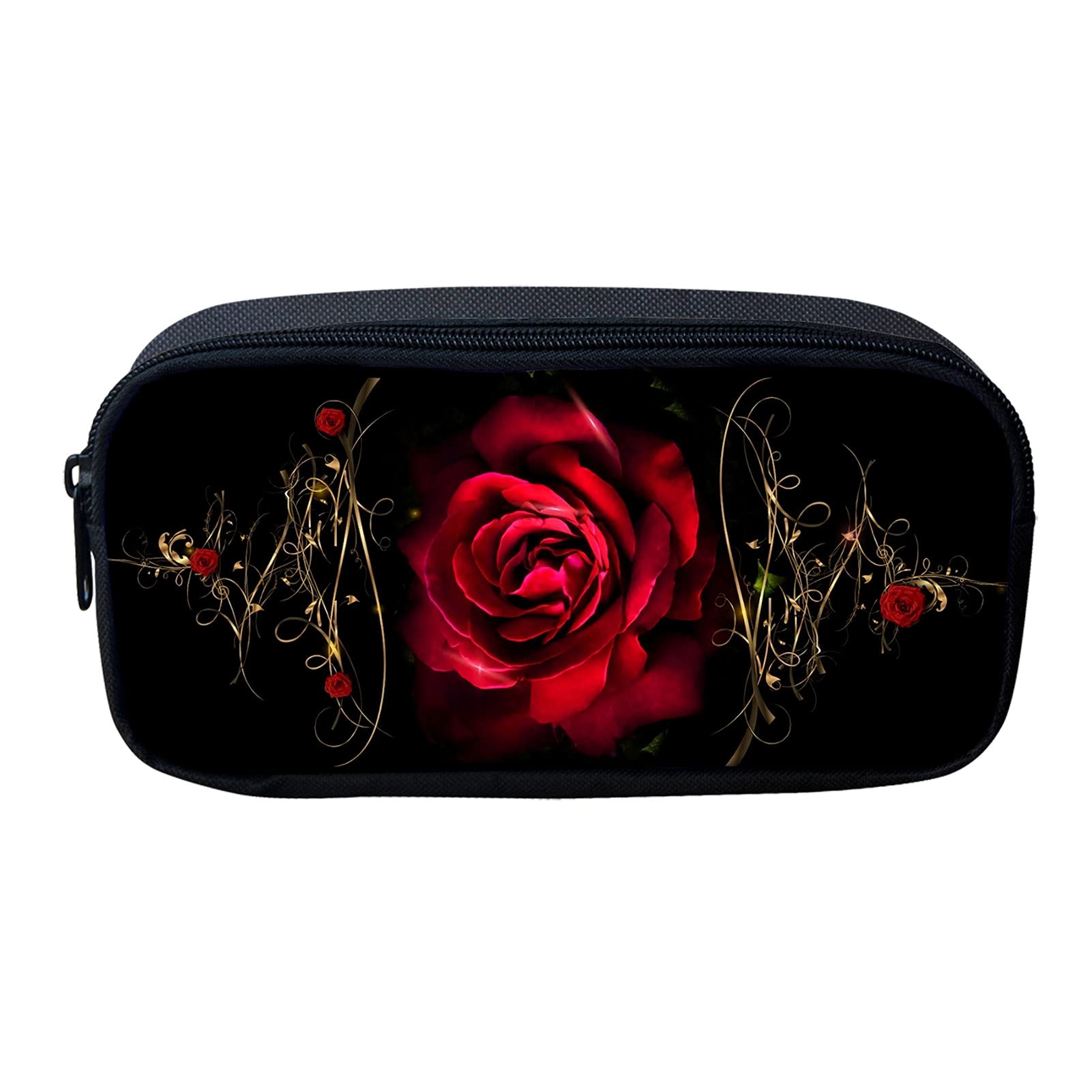 Showudesigns Red Rose Pencil Bag Big Elementary School Pencil Bag Case Holder Travel Storage Bags Lightweight Black