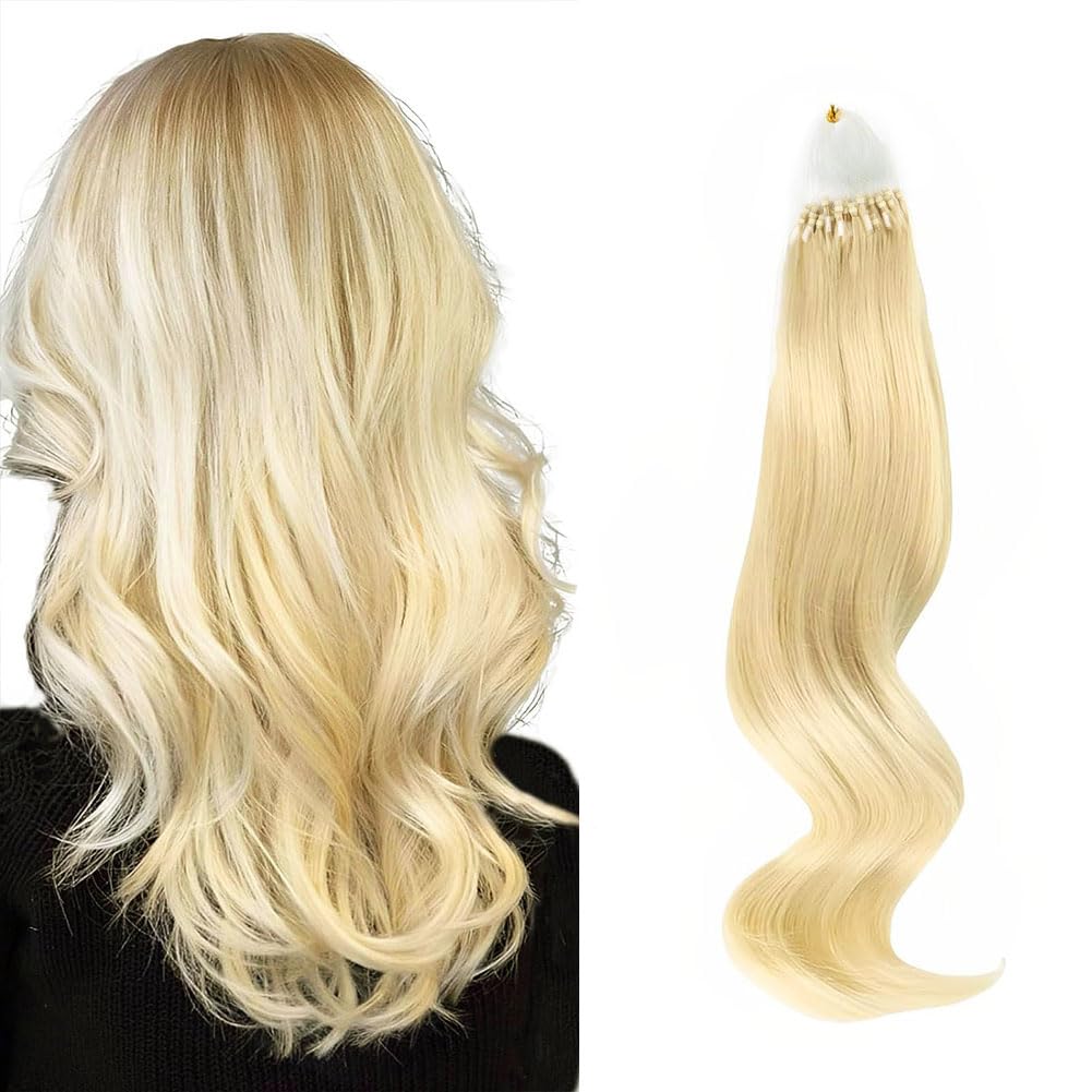 ABH AmazingBeauty Hair Micro Loop Hair Extensions Human Hair Blonde Micro Ring Hair Extensions 50G 50S Microbead Hair Extensions Invisible 16 Inch Color #60 Blonde Microlinks Hair Extensions โ image 1