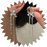 Andelaisi Boho Crystal Butterfly Dangle Earrings Vintage Wing Tassel Chain Earrings Silver Butterfly Pearl Earrings Long Tassel Butterfly Earrings Asymmetrical Earrings Jewelry for Women