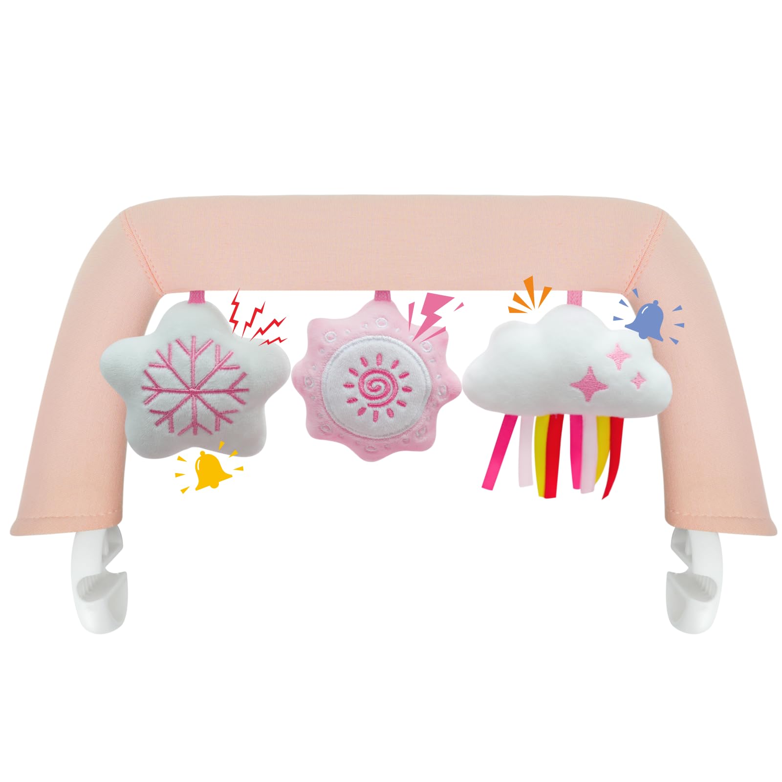iGRATENS Baby Bouncer Toy Bar, Toy Bar for Baby Bouncer Bliss and Balance Soft with 3 PCS Cute Sensory Toys, Easy to Attach and Remove, Skin -Friendly, Machine Washable, Pink and White, Soft