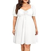 Pinup Fashion White Plus Size Dress Summer Casual Graduation Short Puff Sleeve Flowy Smocked Ruched A Line Babydoll Cute Mini Dresses