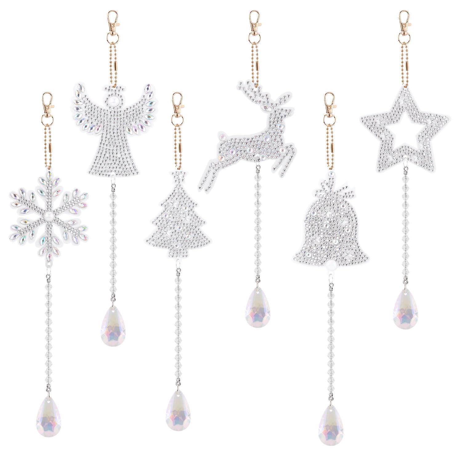 Gosknor 6pcs Diamond Painting Hanging Christmas Ornaments, Christmas Diamond Painting Wind Chimes Snowflake Jingle Bell Xmas Tree Reindeer Winter Diamond Painting Art Keychain for Home Party Decor