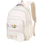 PRLINJSK Cute Backpack for Teen Girls Boys, Aesthetic Laptop Bookbag for College High Middle School Student,Beige