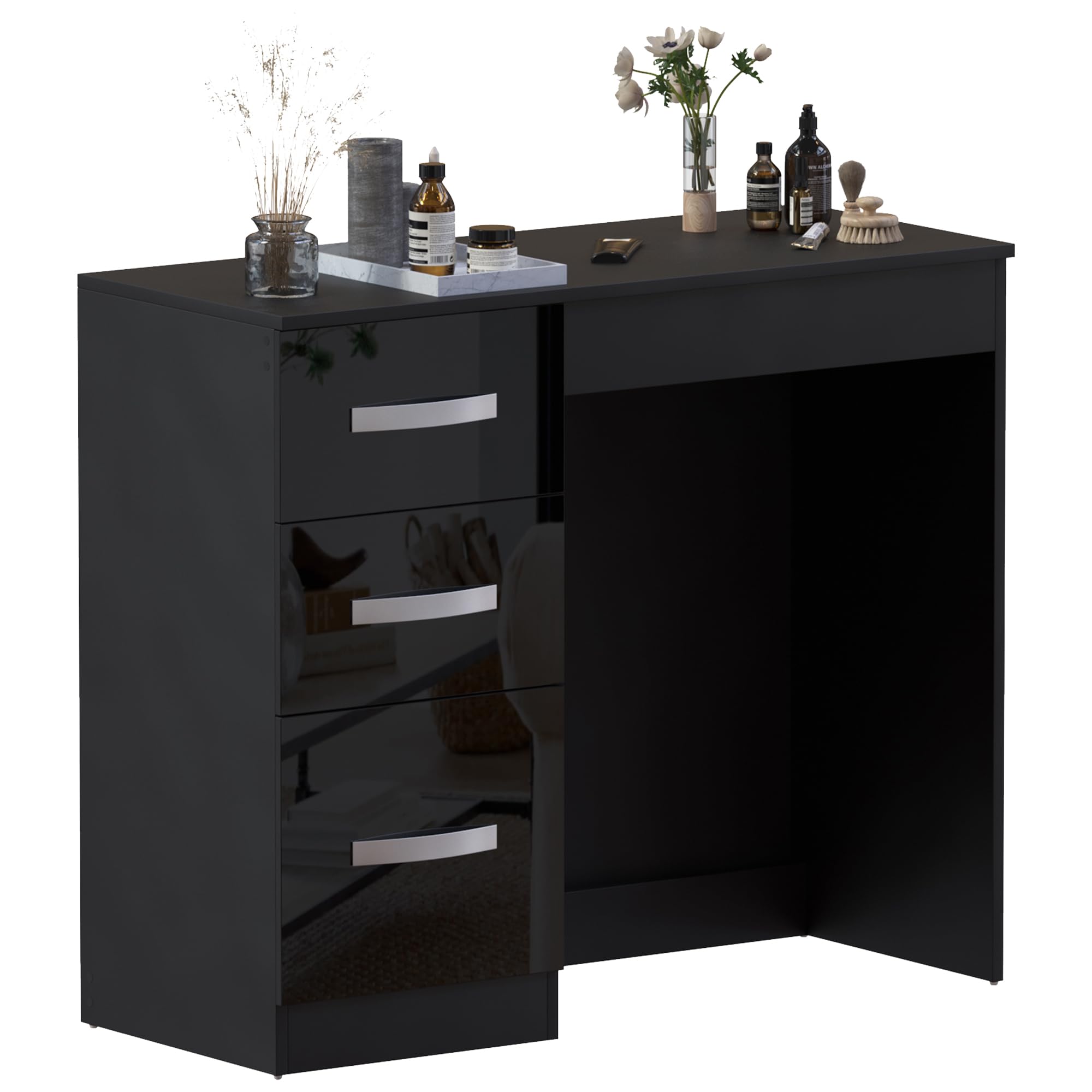 Vida Designs Hulio High Gloss 3 Drawer Dressing Table/Vanity Table, Black, 79 x 93 x 38 cm