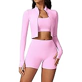Workout Sets for Women 3 Piece Long Sleeve Zip Up Jacket, Sports Bra, High Waisted Yoga Shorts Gym Athletic Sets