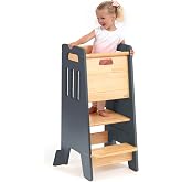 Toddler Tower with Sliding Door - 3 Adjustable Heights - 2026 Design Gray | Non-slip strips on the steps, padded support feet and thick wooden panels make it safe to use in the kitchen and bathroom