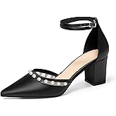 Coutgo Womens Pearl Chunky Heels Wedding Shoes for Bride Closed Pointed Toe Ankle Strap Satin Pumps
