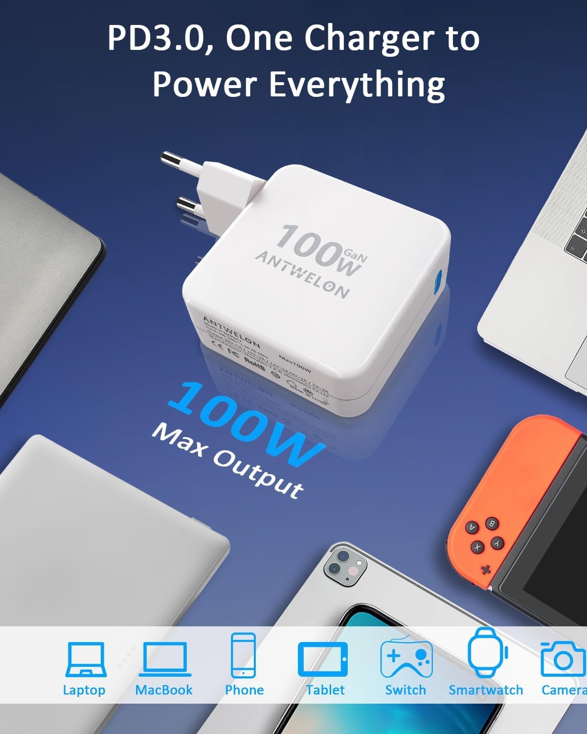 ANTWELON 100W USB C Ladegerät GAN Netzteil Typ C für MacBook Pro 16 15 14 Zoll, MacBook Air, iPad Pro, Galaxy S24 S23, Dell XPS, HP, Lenovo Thinkpad Yoga, Laptop, Tablet (weiß) 8