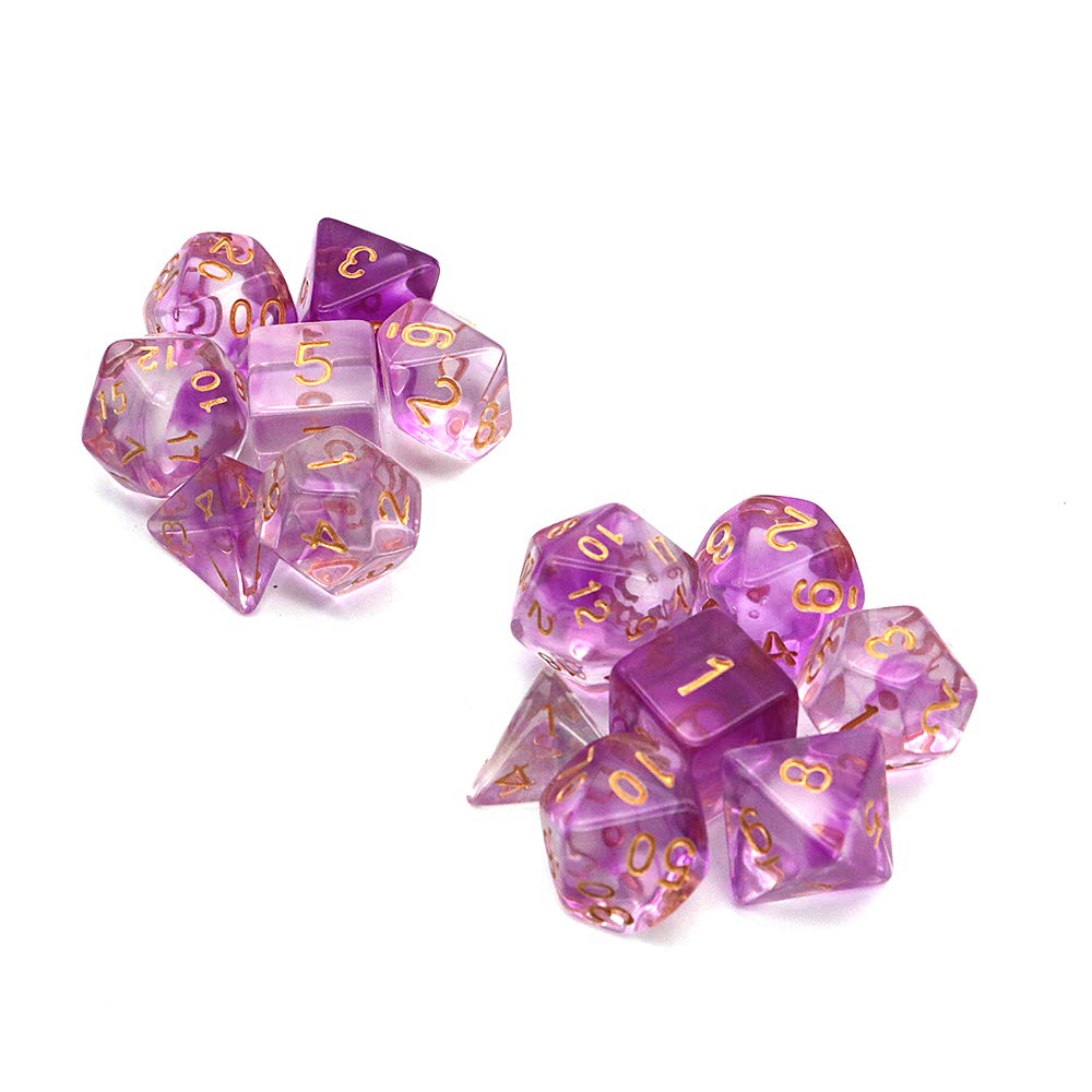 DollaTek Transparent Polyhedral Dice Set, 2 x 7 (14 Pieces) Die Series D20 D12 D10 D8 D6 D4, DND Dice, DND RPG MTG, Double Colors, One Piece (Purple)
