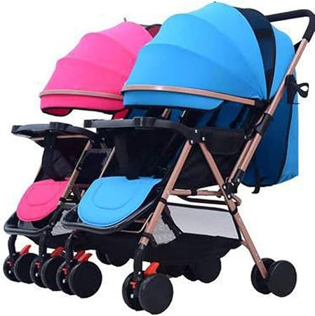 pink and blue double pram