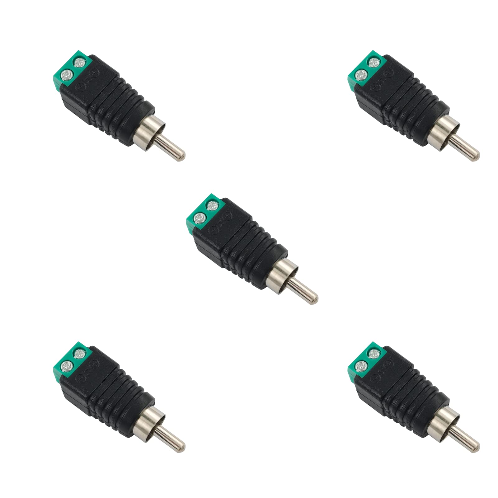 BRIEFCEC Phono Male Plug to AV Screw Terminal Audio Video Connector - Speaker Wire to RCA Adapter, RCA to Speaker Wire to Subwoofer Adapter (Solder free, 5 Pack, Green)
