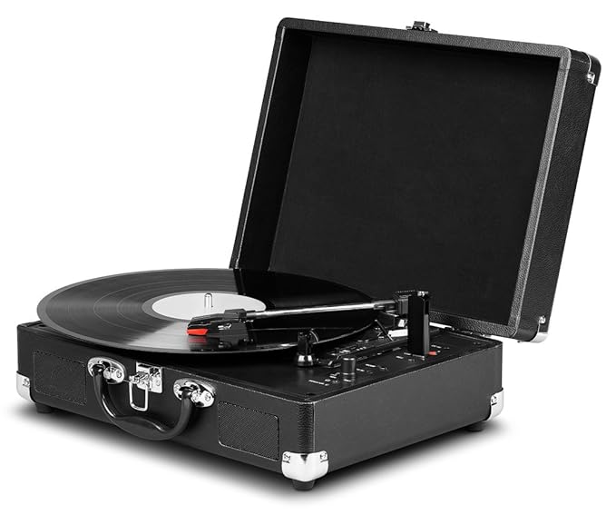 MEDION E64065 Schallplattenspieler, Retro Koffer Plattenspieler mit USB Digital Encoder, Drehgeschwindigkeiten von 33 / 45 / 