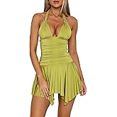 FWBBG Womens Sexy Halter Deep V Neck Summer Mini Dresses Ruched Waist Asymmetric Ruffled Hem Backless Club Party Short Dress