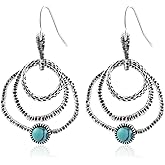 Turquoise Dangle Earrings for Women with Three Vintage Boho Silver Circle Drop Earrings Western Jewelry