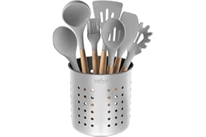 Laxinis World Stainless Steel Kitchen Utensil Holder, Kitchen Caddy, Utensil Organizer, Round Shape Utensils Crock, 5" by 5.3" (utensils not included)