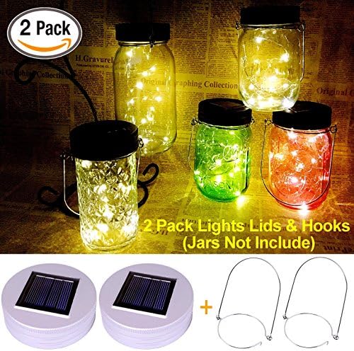 Waterproof Mason Jar Solar Lights, Garden Decor Solar Lights LED String Fairy Lights Mason Jar Decor Firefl Warm White Lights - 2 Pack Solar Jar Lights Silver Lids &amp; Hangers Included