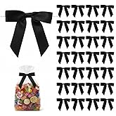 50 Pack Satin Twist Tie Bows for Gift Bags & Party Favors, 2.5 Inch Pre-Tied Ribbon Bows for Gift Wrapping, Birthday & Wedding Event Decorations - Black