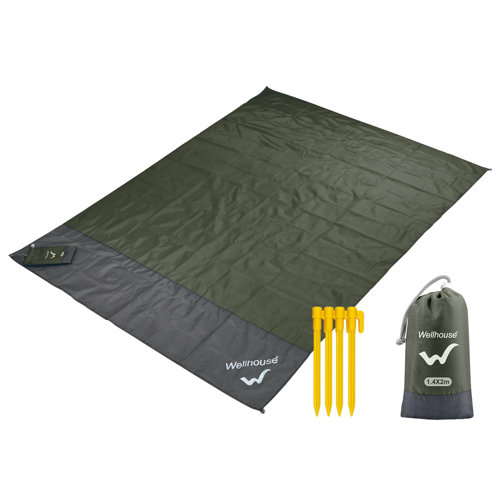 Sandproof Beach Blanket 55in×79in Camping Mat Waterproof Picnic Blankets with Floating Waterproof Phone Pouch Washable Rug for Travel Hiking Music Grass BBQ Trips Lightweight Quick Drying ArmyGreen