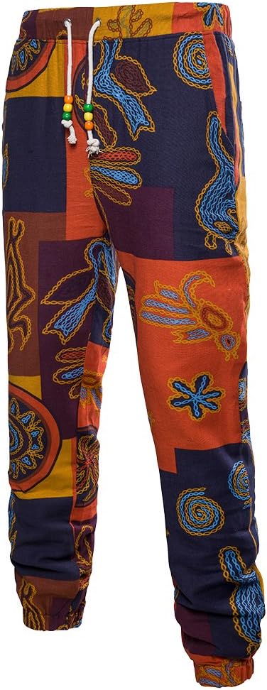 Heflashor Men's Printed Hippy Boho Trousers Cotton Loose Fit Baggy Comfy Pants Festival Bottoms with Drawstring
