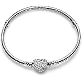 WAKCTFERG Charm Bracelet Fit For Charm Beads, 925 Sterling Silver Cubic Zirconia Heart Clasp Snake Chain Bracelet Fit Any Charm Gift for Women Girl