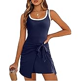 IHOT 2026 Women's Casual Sleeveless Scoop Neck Tank Dress Ribbed Knit Front Tie Waist Vacation Mini Dresses
