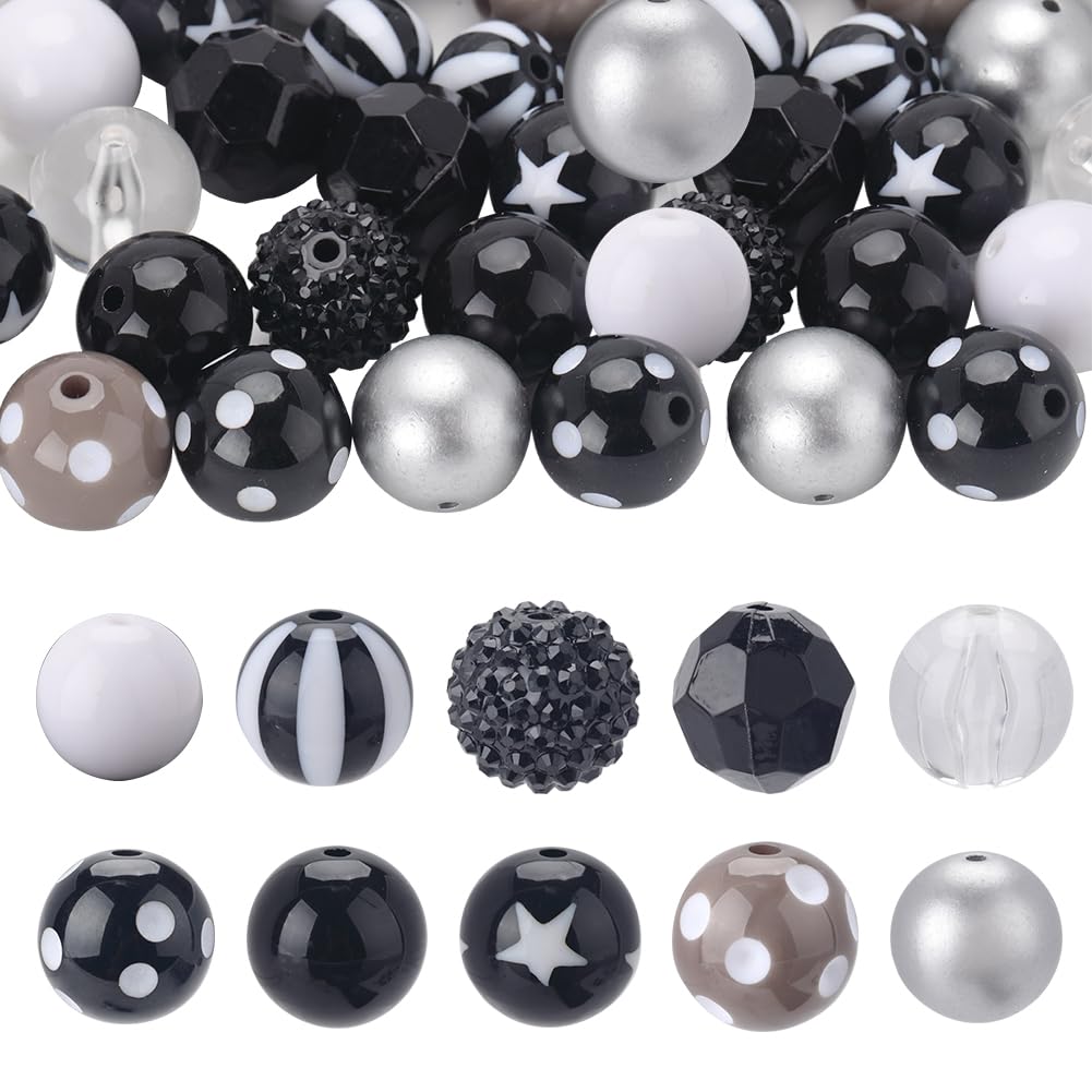 SUNNYCLUE 1 Box 50Pcs 10 Styles Black Halloween Beads Set Bubblegum Beads Bulk Acrylic Bead 20mm Large White Clear Plastic Holiday Round Loose Spacer Bead for jewellery Making Beads Necklace DIY Craft