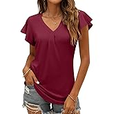 Women's Summer Tops Ruffle Sleeve V Neck Tunic Shirts Business Casual Flowy Blouses for Women