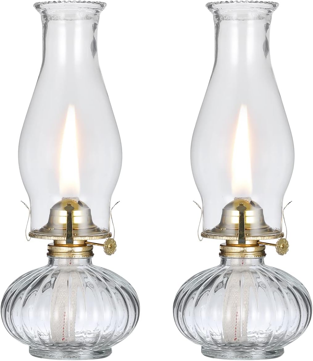 Oil Lamps & Accessories - DNRVK 2 Pieces Vintage Glass Oil Lamp Large Classic Clear Kerosene Lamp Lantern for Indoor Use Home Tabletop Decor Rustic Chamber Oil Lamps Hurricane Lanterns for Emergency Lighting