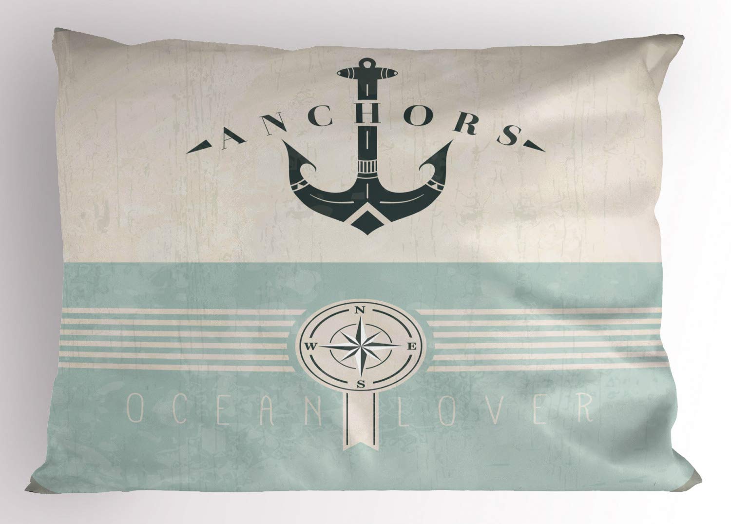 ABAKUHAUS Nautical Pillow Sham, Vintage Marine Anchor, Decorative Standard Queen Size Printed Pillowcase, 30" X 20", Seafoam Black Beige