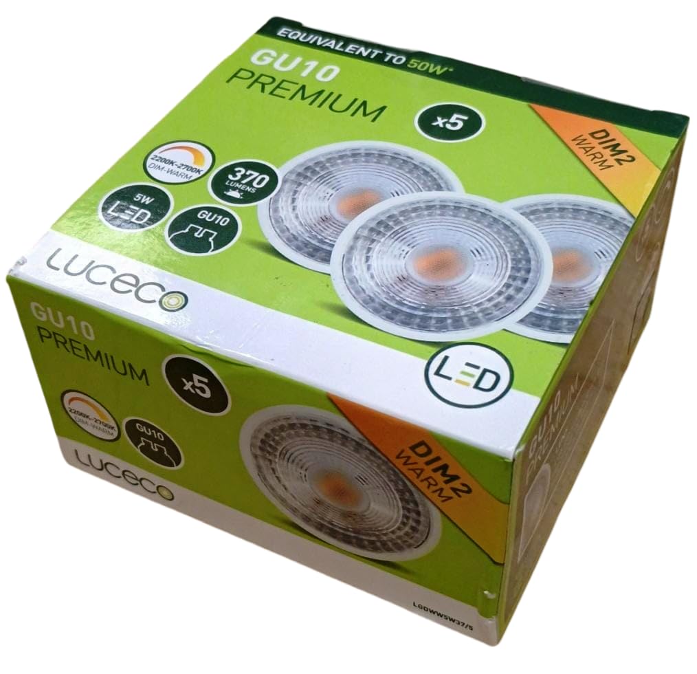 Dim2Warm GU10 LED Light Bulbs WarmGlow, Dimmable Spotlight Lightbulbs 5w - 50w Halogen Replacement 370Lm Warm White Lamps for Light Switches, LED Dimmers, Downlights, by luceco BG - Pack of 5