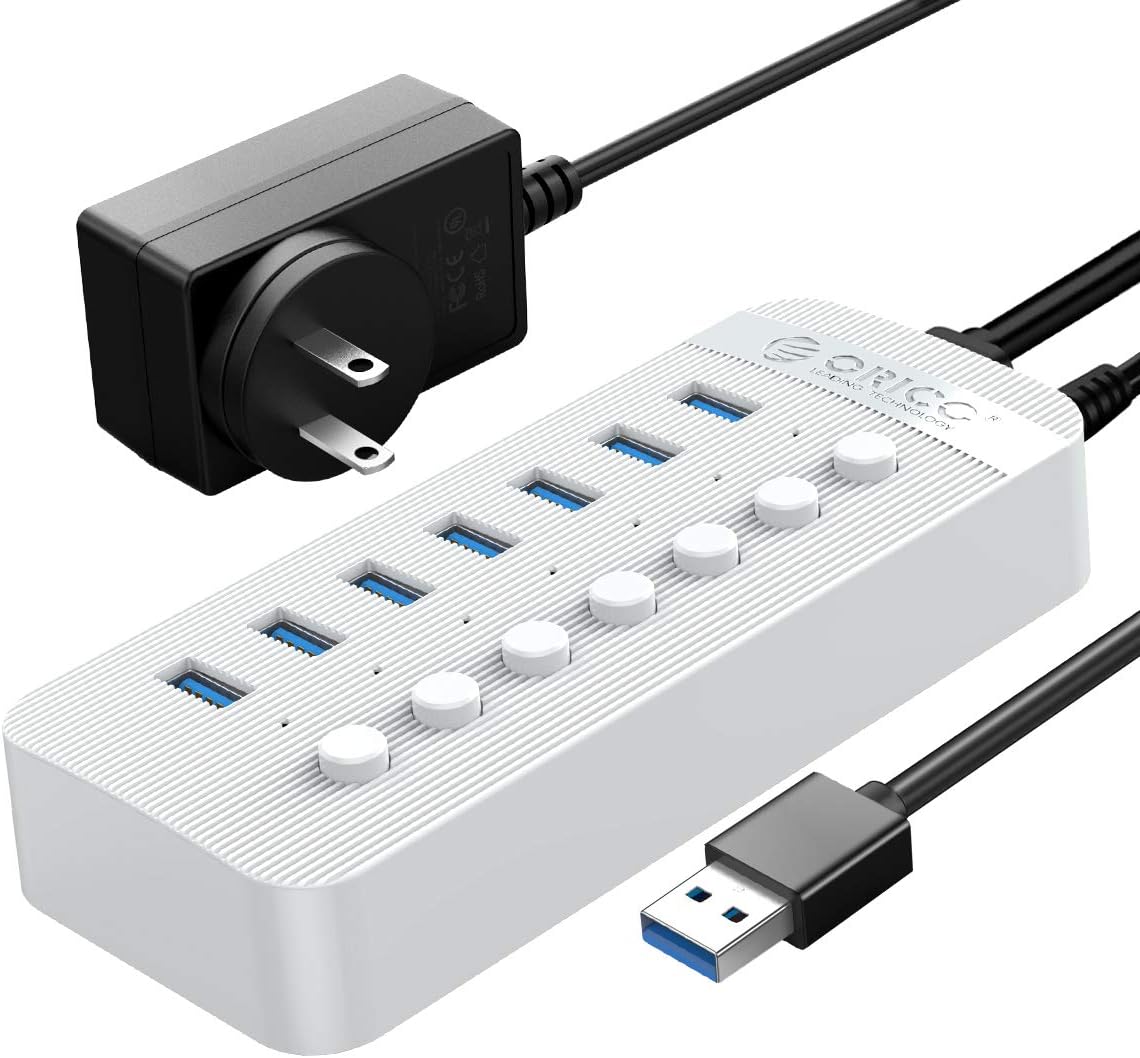 ORICO Powered USB Hub, 7 Ports 24W USB 3.0 Data Hub with Individual On
