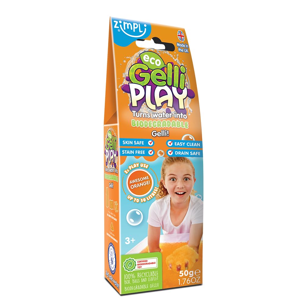 ZIMPLI - Eco Gelli Play Orange, Magically turns water into thick, colourful goo, Eco-Friendly Pocket Money Toys for Boys & Girls, Sensory Play
