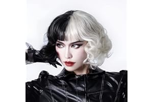 Akkya Black White Bob Wig with Bangs for Cruella Deville Short Wavy Colored Synthetic Hair for Women Party Costume(12inch,Black White)